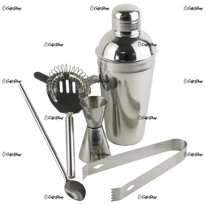 Set cocktail shaker, 5 piese, argintiu